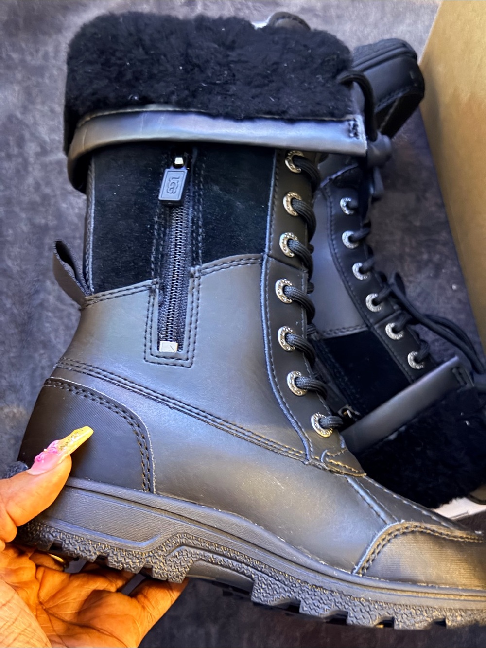 UGG Kids Black Lace-Up Fleece-Trim Zip Boot